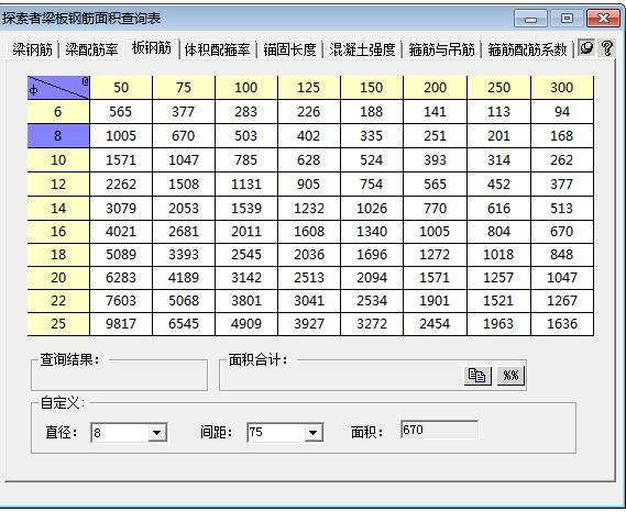 探索者梁板钢筋面积查询表截图