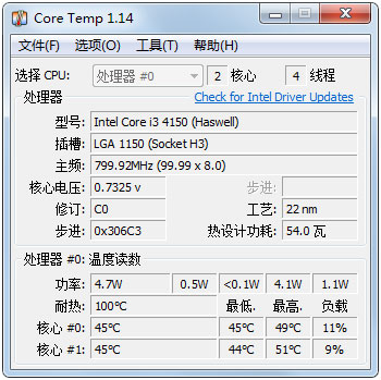 Core Temp(CPU数字温度传感器) V1.14 中文版