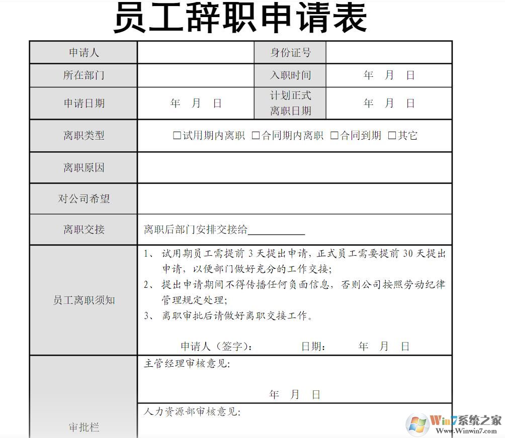 离职申请表模板范文